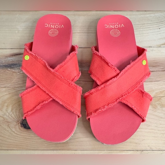 New Vionic Summer Beach Boardwalk Panama Canvas Slide Sandals In Poppy Size 7 - Picture 2 of 10
